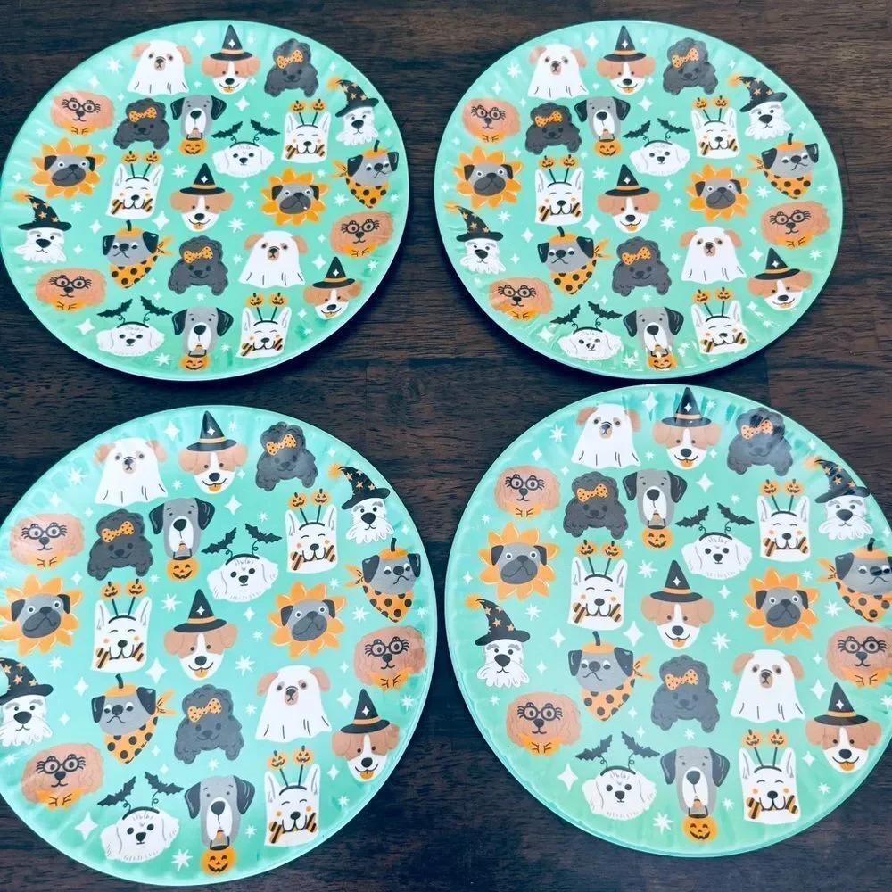Halloween Costume Dogs Aqua Blue Reusable Melamine Plates Dinnerware Set